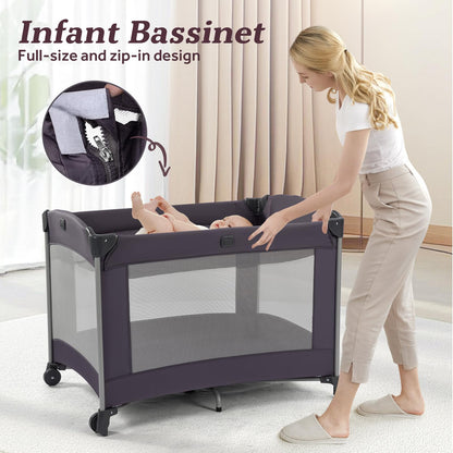 4-in-1 Portable Baby Playard with Bassinet & Canopy