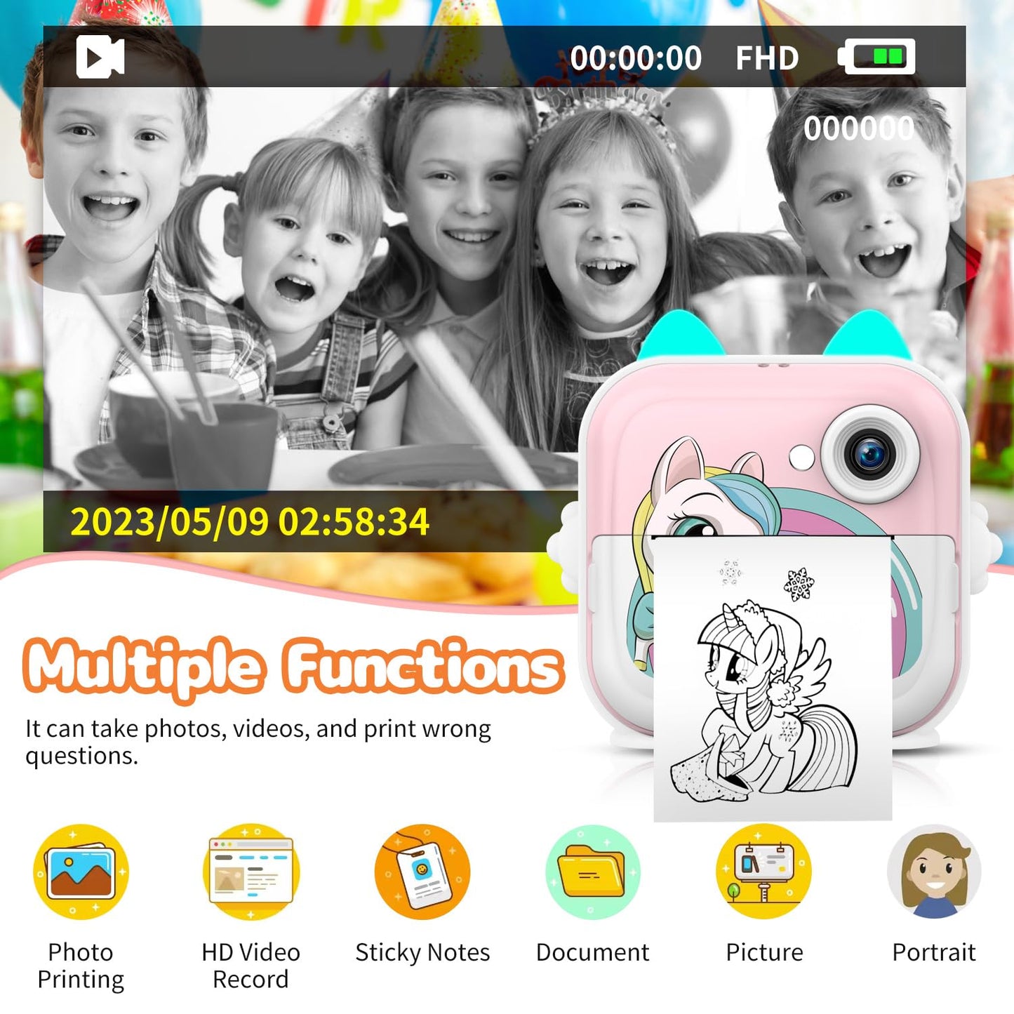 Instant Print Camera for Kids with 1080P Videos