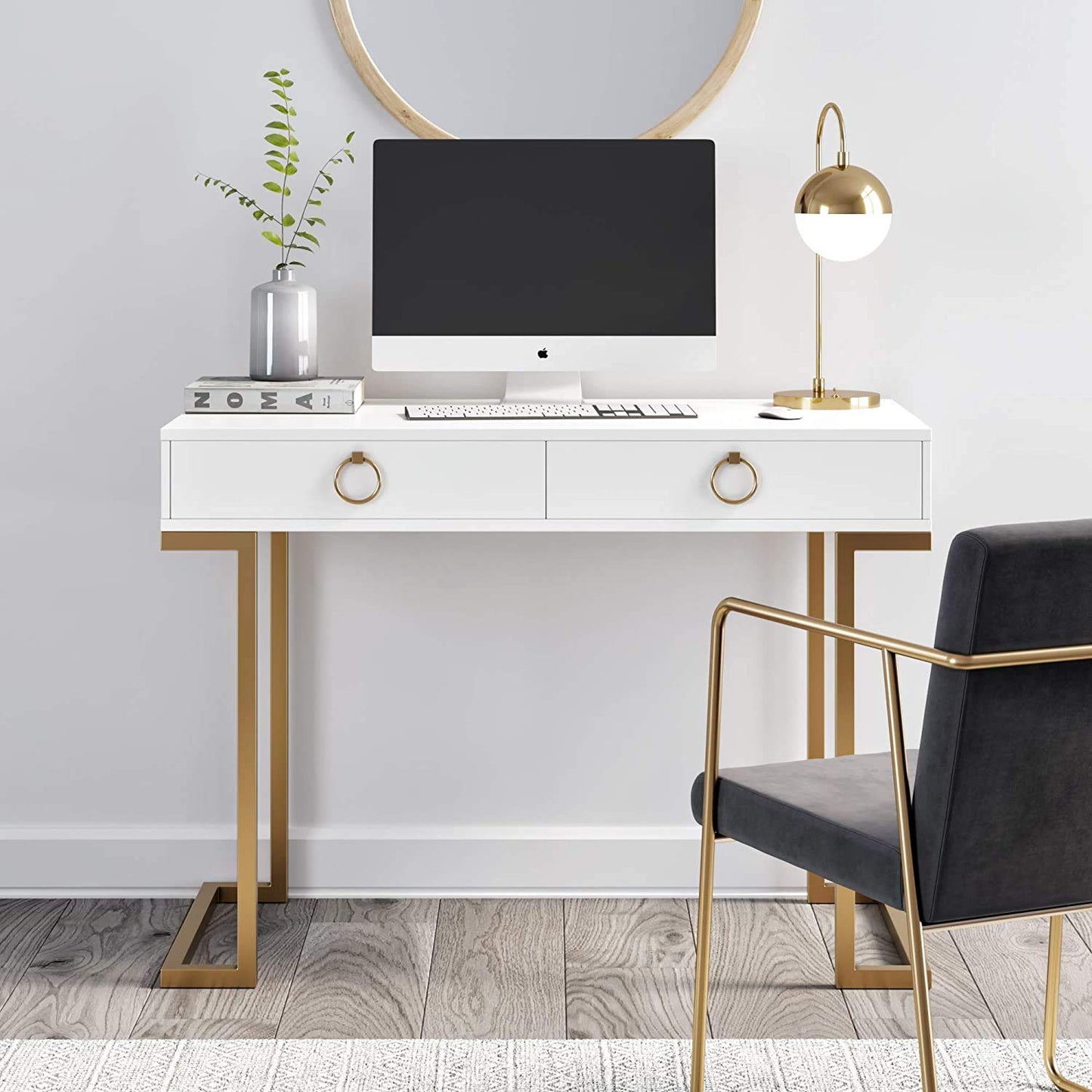 Nathan James Leighton Two-Drawer Writing Glam Accents Brass, Home Office Computer Desk or Vanity Table, 2, White/Gold, Small