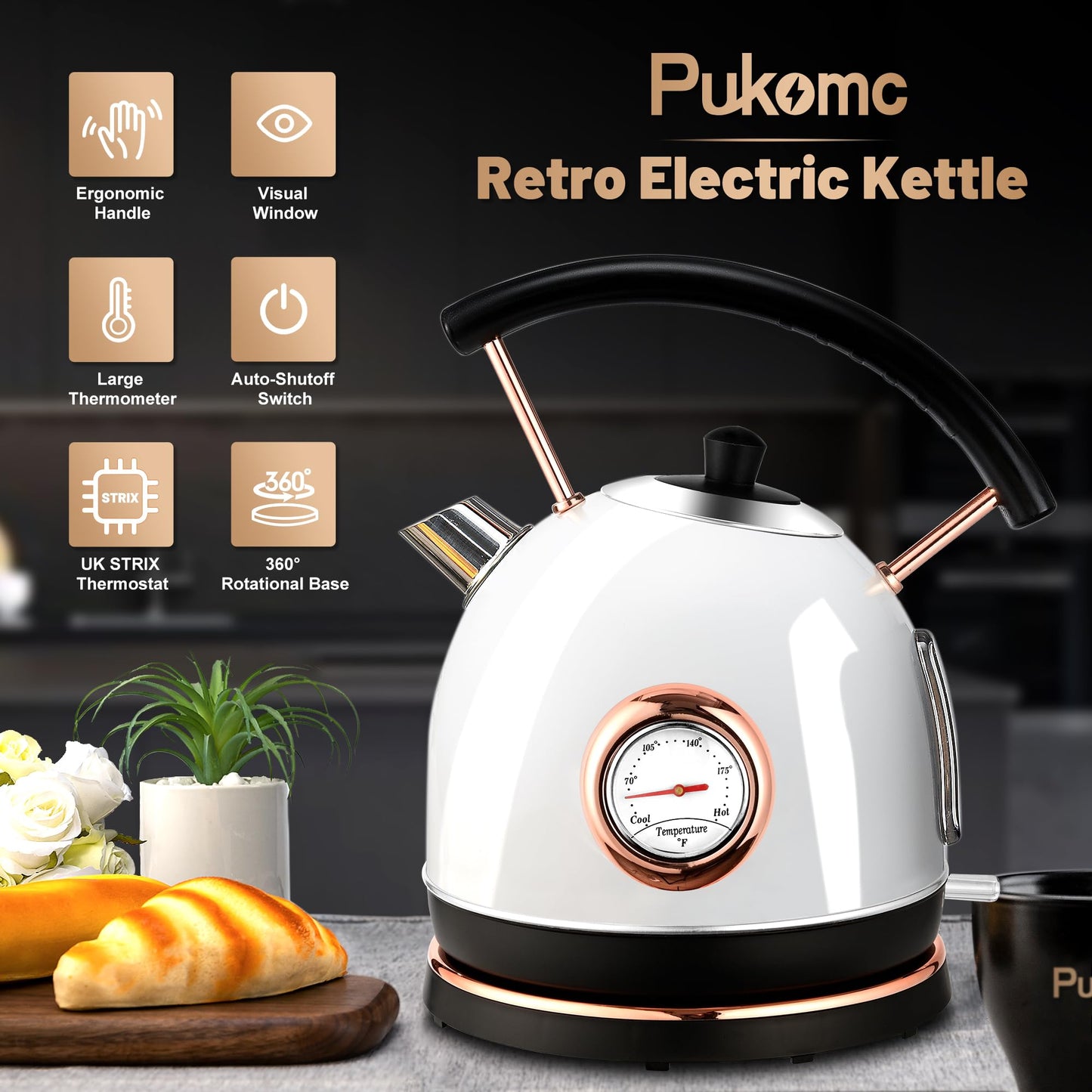 Pukomc Retro Electric Kettle Stainless Steel 1.7L Tea Kettle, Hot Water Boiler with Temperature Gauge, Led Light, Fast Boiling, Auto Shut-Off&Boil-Dry Protection (White)