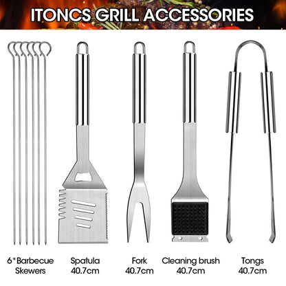 29pcs Grilling Accessories Kit for Men Women, Stainless Steel Heavy Duty BBQ Tools with Glove and Corkscrew, Grill Utensils Set in Portable Canvas Bag for Outdoor,Camping,Backyard, Perfect Grill Gift