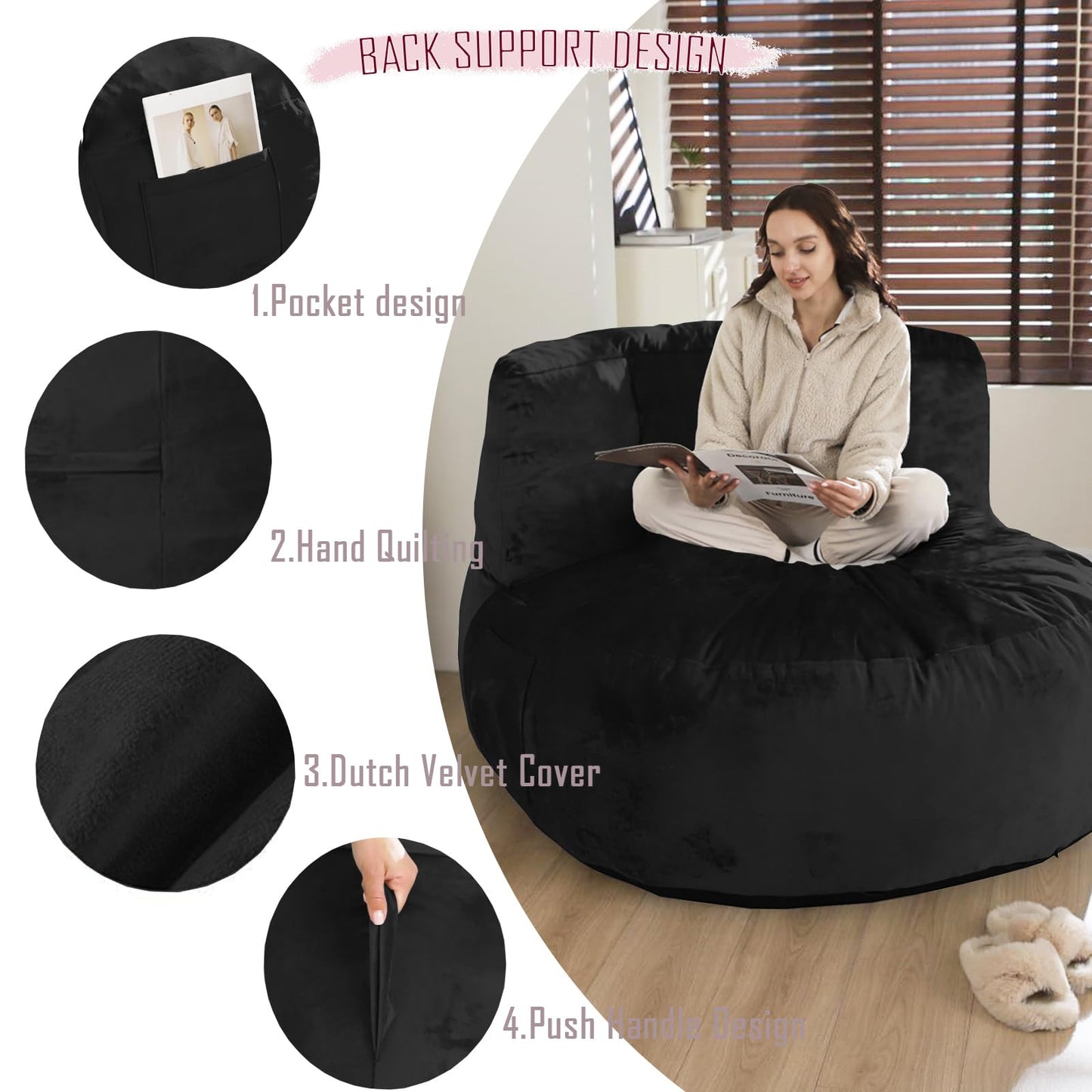 Large Black Bean Bag Chair with Memory Foam