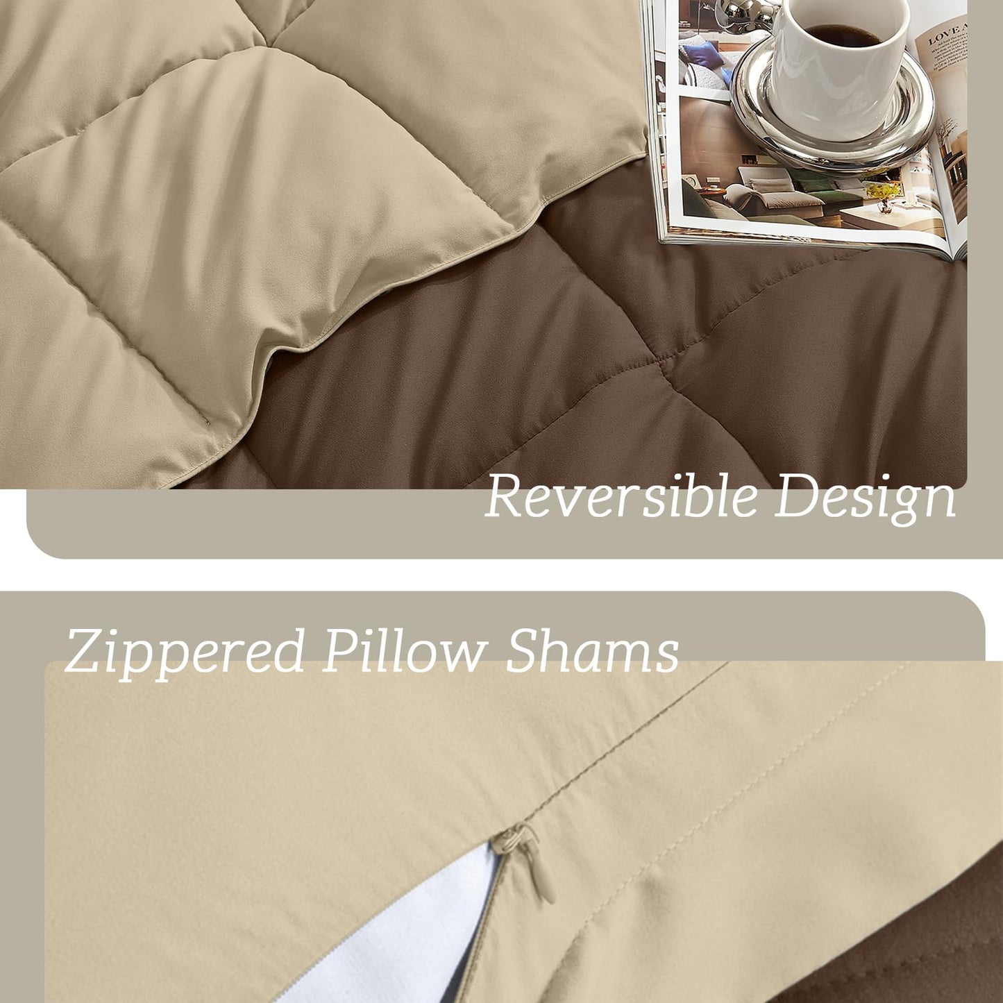 Homelike Moment Twin Comforter Set Brown, Lightweight Reversible Comforter Twin Size Bed Sets, Soft Down Alternative Bed Comforter All Season 2 Pcs Twin Bedding Set with 1 Sham Brown/Beige