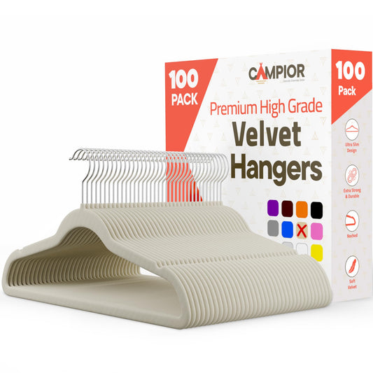 Ivory Velvet Hangers 100 Pack - Non-Slip, Space Saving