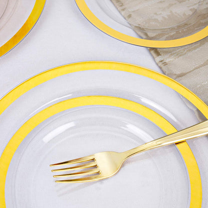 YOUBET 210PCS Clear Gold Plastic Dinnerware - Gold Plastic Plates and Gold Dinnerware Includes: 30 Dinner Plates, 30 Dessert Plates, 30 Gold Cups, 30 Napkins for Party & Wedding