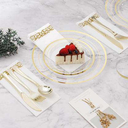 175PCS Clear Gold Disposable Dinnerware Set (25 Guests), Plastic Plates for Party, Wedding, Include: 50Plastic Plates, 25 Gold Silverware, 25 Cups, 25 Napkins
