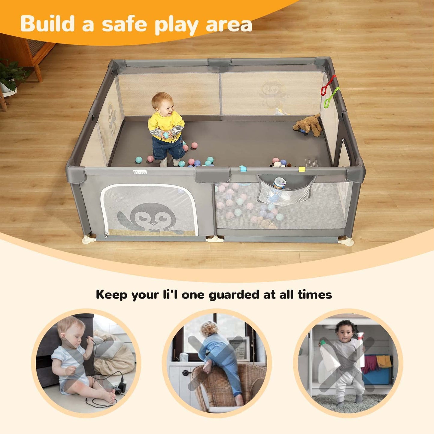 Baby Playpen for Babies and Toddlers, 71 x 59 inch Baby Play Yards, Kids Play Pen for Indoor & Outdoor, Extra Large Baby Playpen, Toddler Play Yard with Carrying Bag, Anti-Slip Base (Gray)