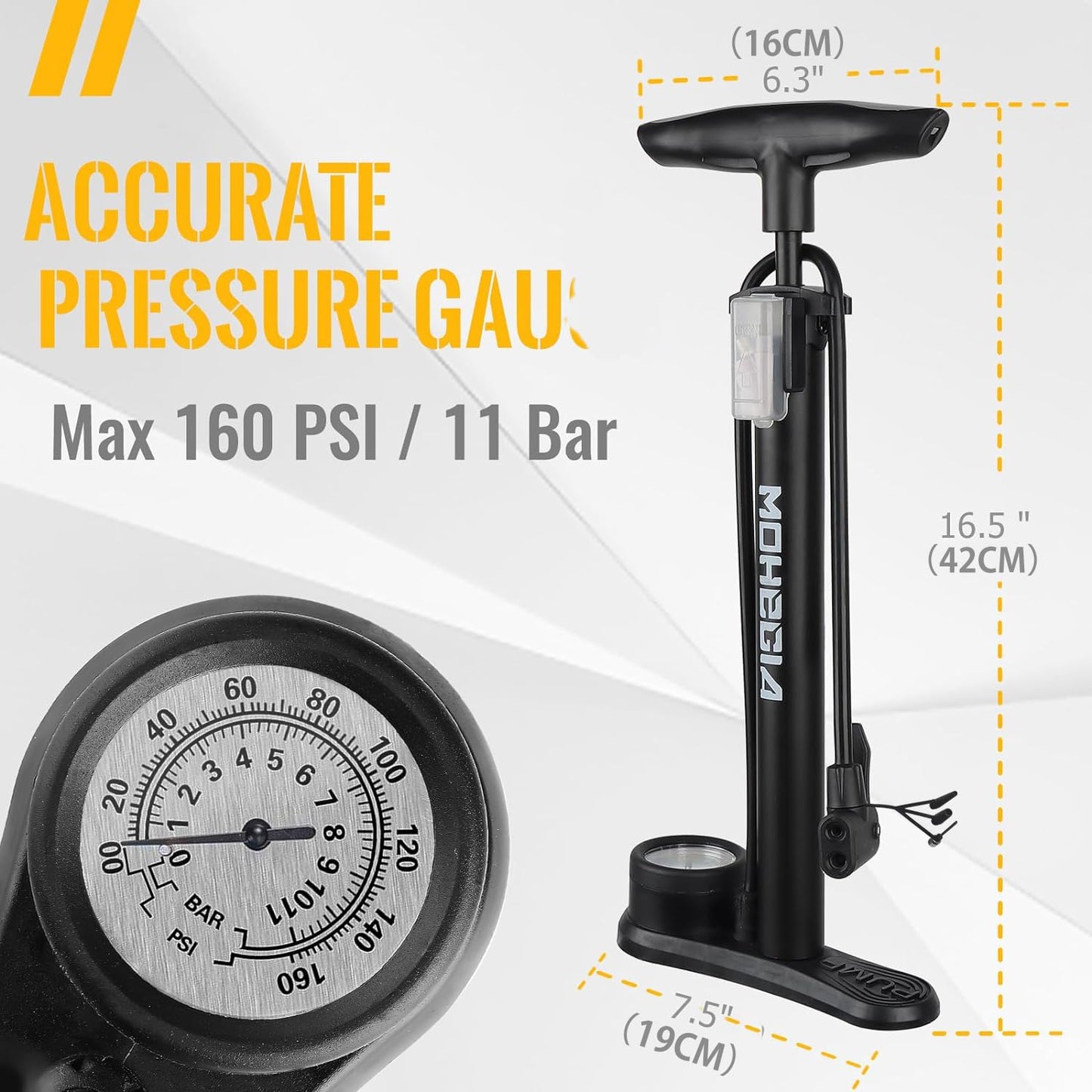 MOHEGIA Bike Floor Pump with Gauge, 160 PSI