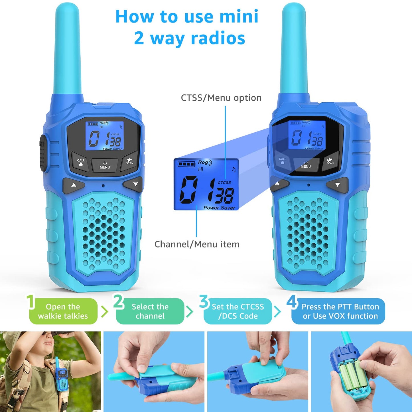 Kids Walkie Talkies,Rechargeable Walky Talky for Adults Children (4Packs, Blue Green Red Purple)