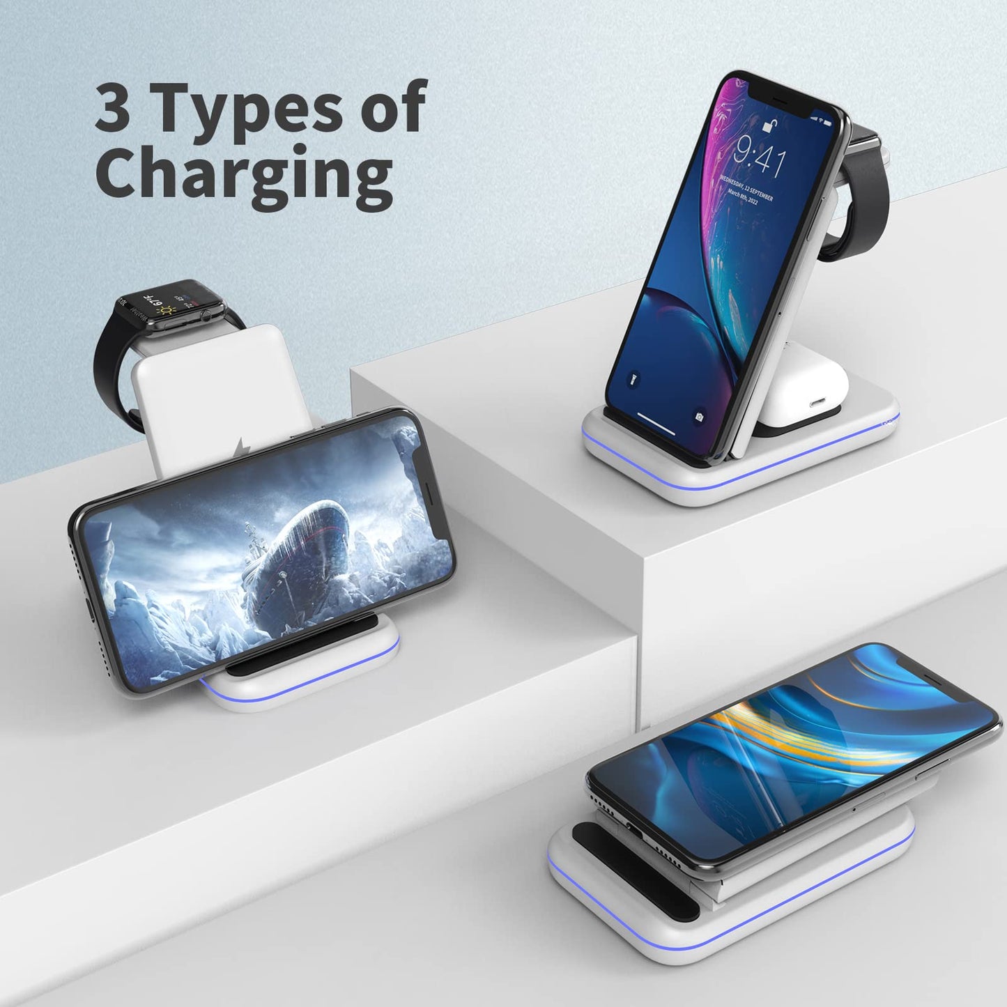 MSTJRY Wireless Charging Station, 3 in 1 Wireless Fast Charger Stand for iPhone 15/14/13/12/11/Pro/Max/XS/XR/X/8/Plus, for Apple Watch Ultra 8/7/6/5/4/3/2/SE, for AirPods 3/2/Pro(Adapter Included)
