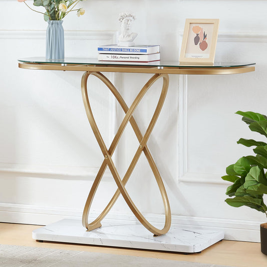 HOMBAZAAR Modern Entryway Table, Glass Entrance Sofa Table with Oval Frames and Marbling MDF Base, Chrome Glass Console Table for Living Room, Entryway, Hallway, Bedroom,（Gold，Clear Glass）