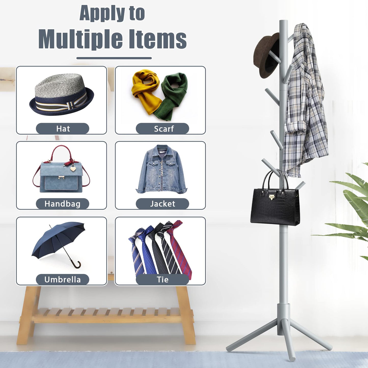 Wooden Coat Rack Stand with 8 Hooks
