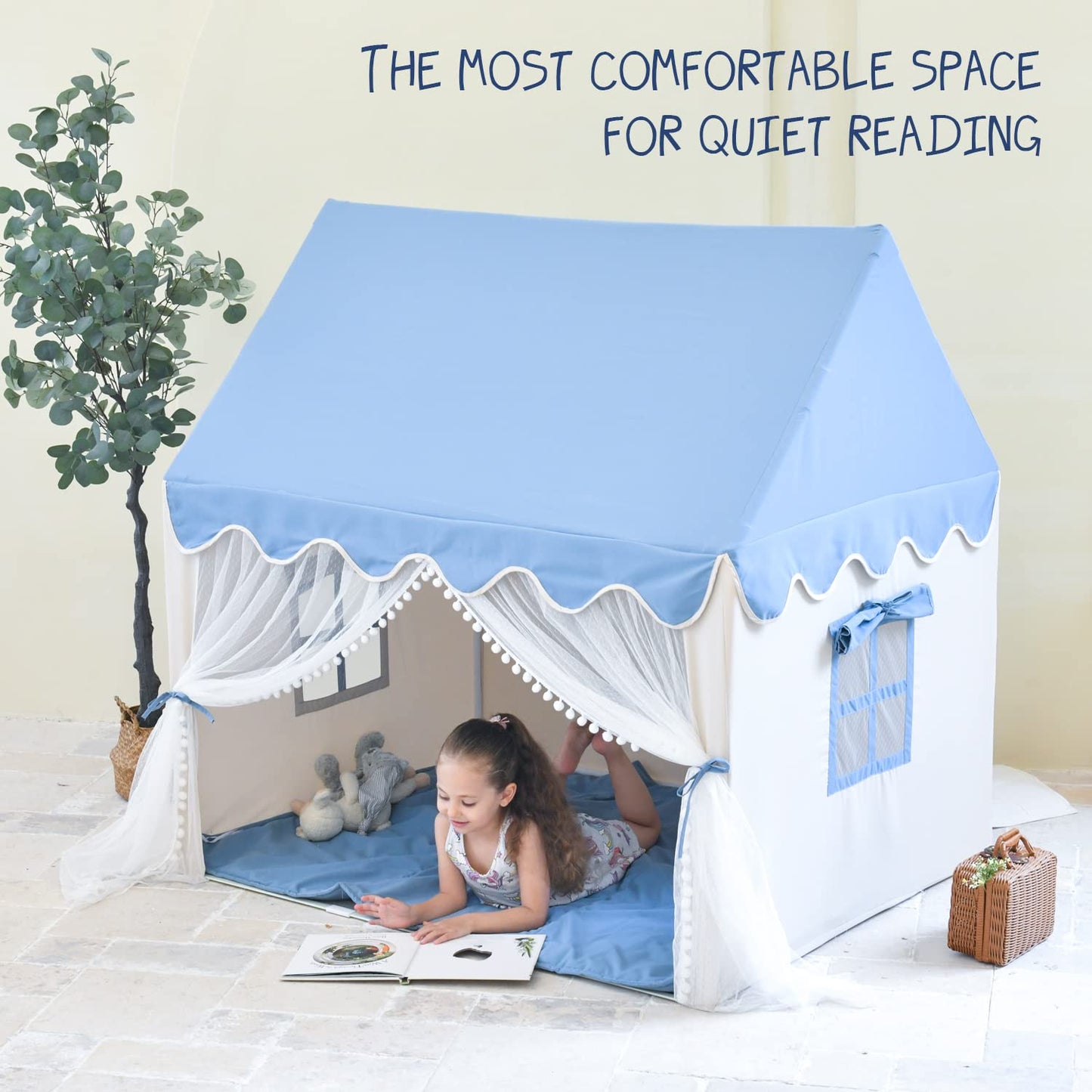 Kids Play Tent Large Fairly Kids Tent Indoor for Girls Boys Toddlers Playhouse Tent Castle with Lace Curtain and Windows Game Party Decoration (Blue)