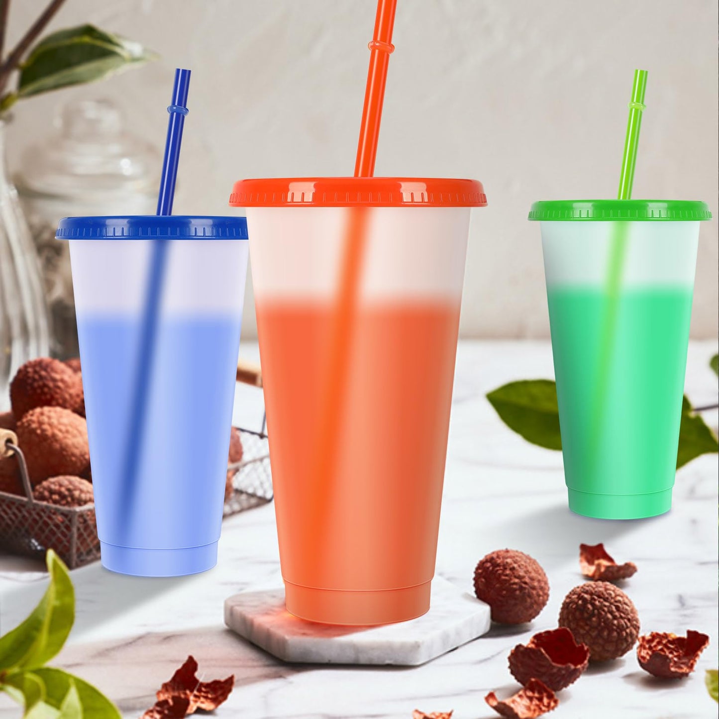 24 oz Reusable Cups with Lids and Straws