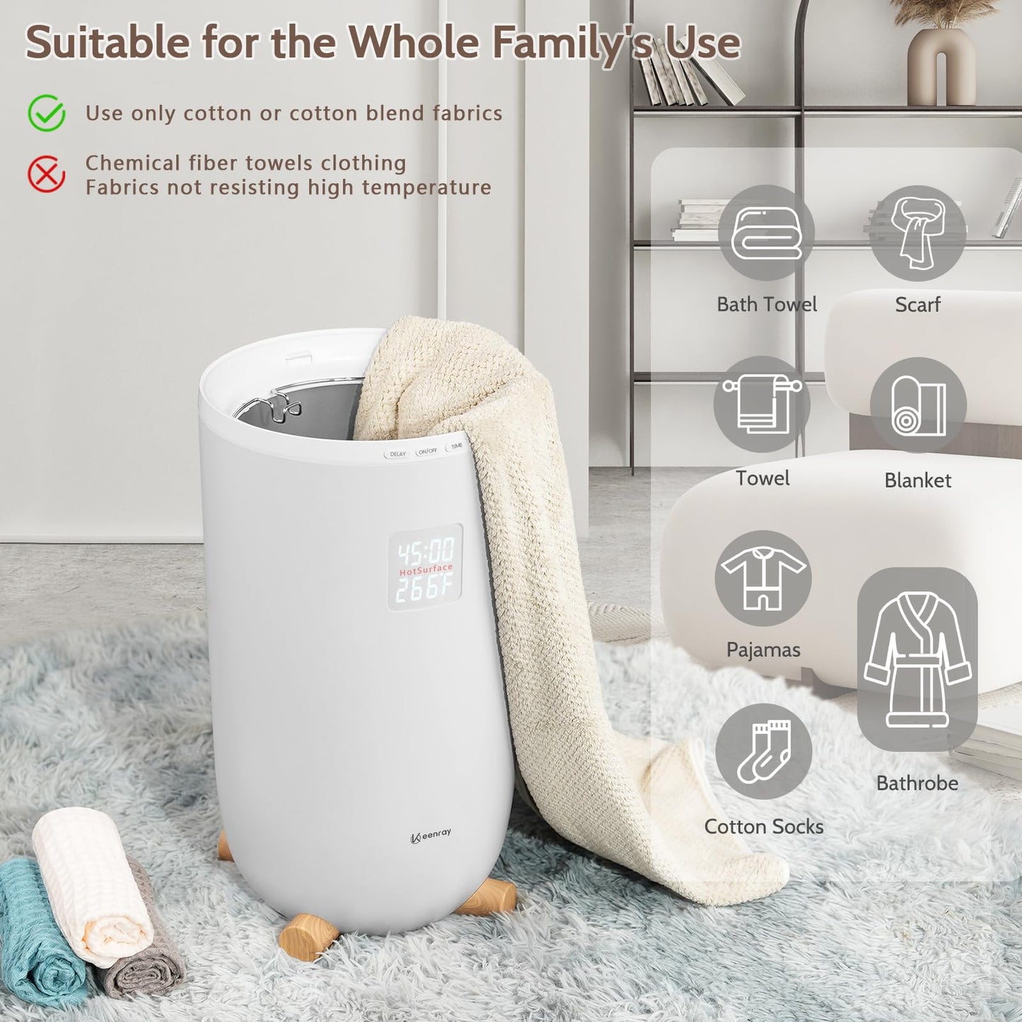 Keenray Towel Warmer for Bathroom, Luxury Towel Warmer Bucket with Timer, LED Display for Time and Temperature, Delay Time Up to 24 Hours, Child Lock, Hot Towel Heater, Gifts for Mom,Dad,Him,Her, Grey