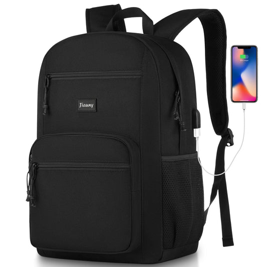 Jiauny School Backpack,Bookbag Lightweight Backpack Classic Scoolbag with USB Charging Port for High School Teens College Students Work Office Adult,Black