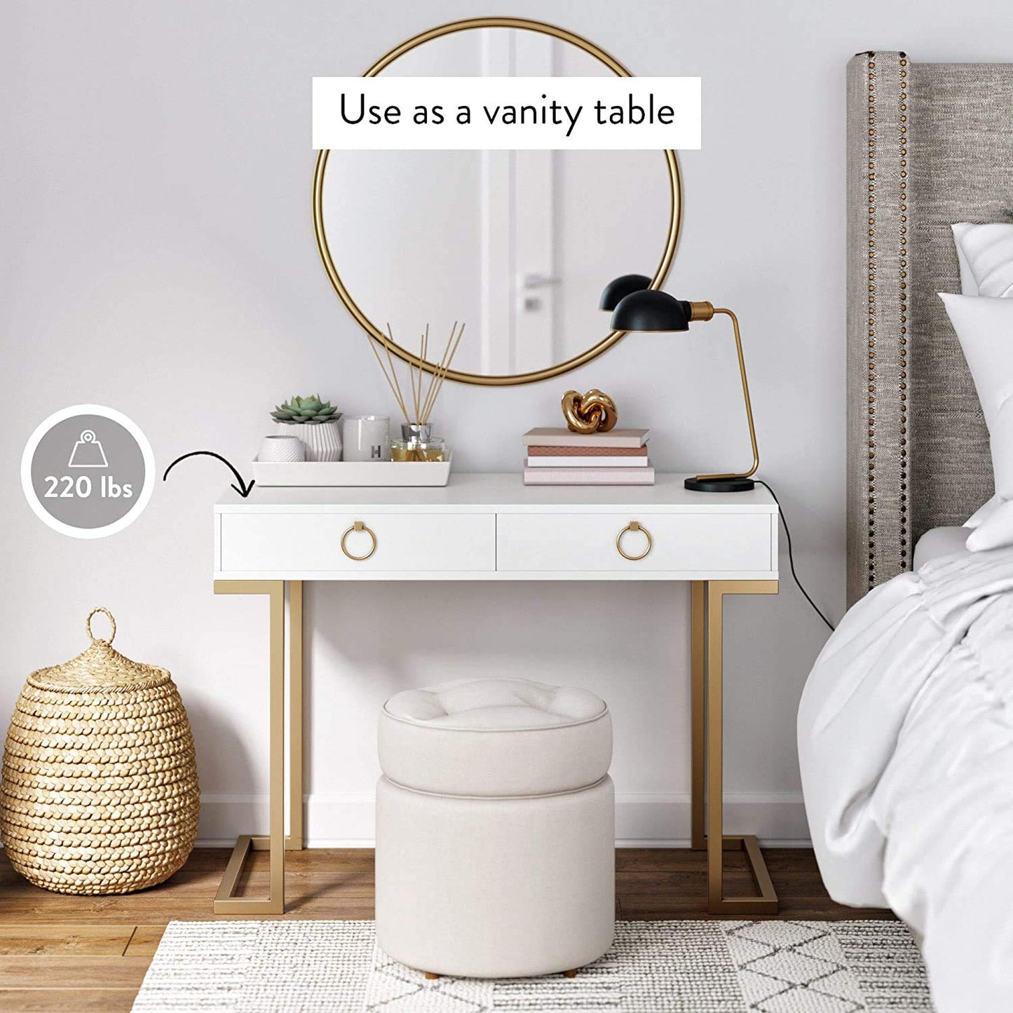 Nathan James Leighton Two-Drawer Writing Glam Accents Brass, Home Office Computer Desk or Vanity Table, 2, White/Gold, Small