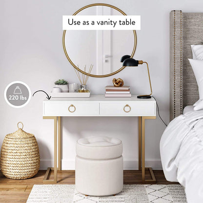 Nathan James Leighton Two-Drawer Writing Glam Accents Brass, Home Office Computer Desk or Vanity Table, 2, White/Gold, Small