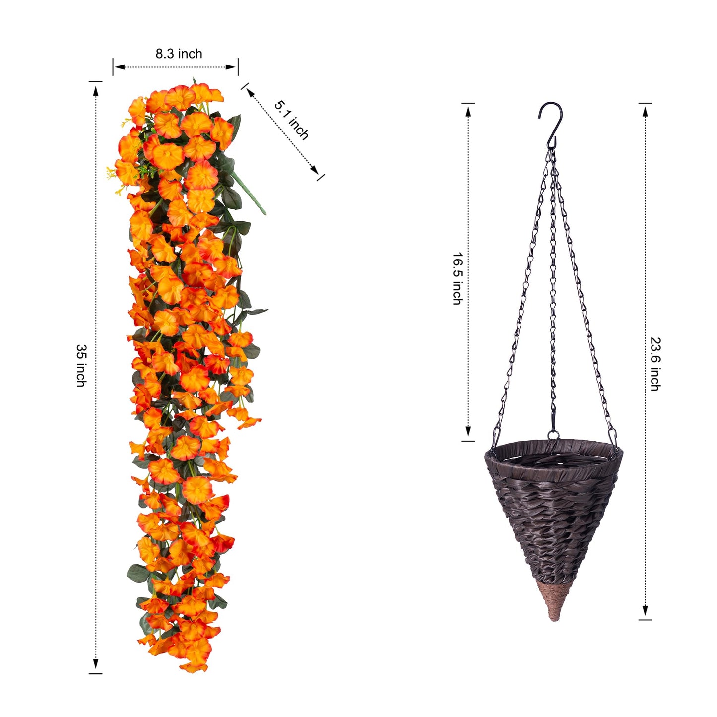 Artificial Faux Fall Autumn Hanging Flowers Plants Baskets for Outdoor Outside, Fake Orange Yellow Silk Orchid in Planter UV Resistant Realistic for Home Porch Patio Balcony Garden Yard