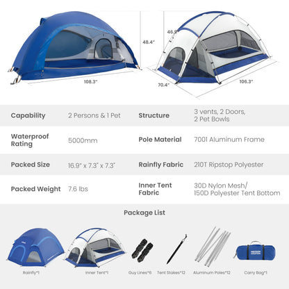 UltraPort Camping Tent, 2-Person Tent, Dome Tent for Camping and Hiking, Double Layer Waterproof Tent, Includes Rainfly, Easy Setup in 5 Mins (Polyester, Twilight Green, 2 Persons & 1 Pet Tent)