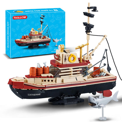 TIALLOW City Fishing Boat Building Blocks Kit, Ship Toy Set for Ocean Exploration Enthusiasts, Includes Shark, Fishing Rods, and Scene Simulation, Boys and Girls Ages 6 and Up (592 Pieces)