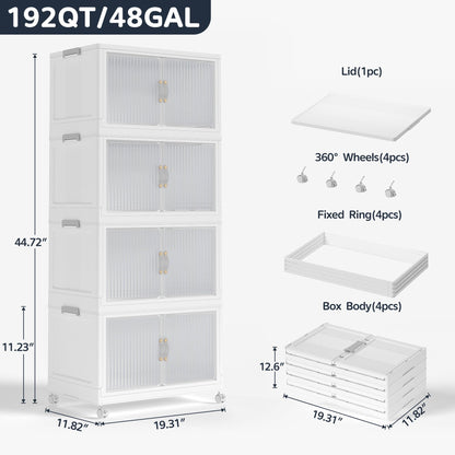 JONZEN 192Qt Plastic Storage Bins with Lid, 48GAL Closet Organizer and Stackable Storage Drawer, Collapsible Clear Box with Wheels, Clothes Cabinet Containers for Home Garage, 4Pack White