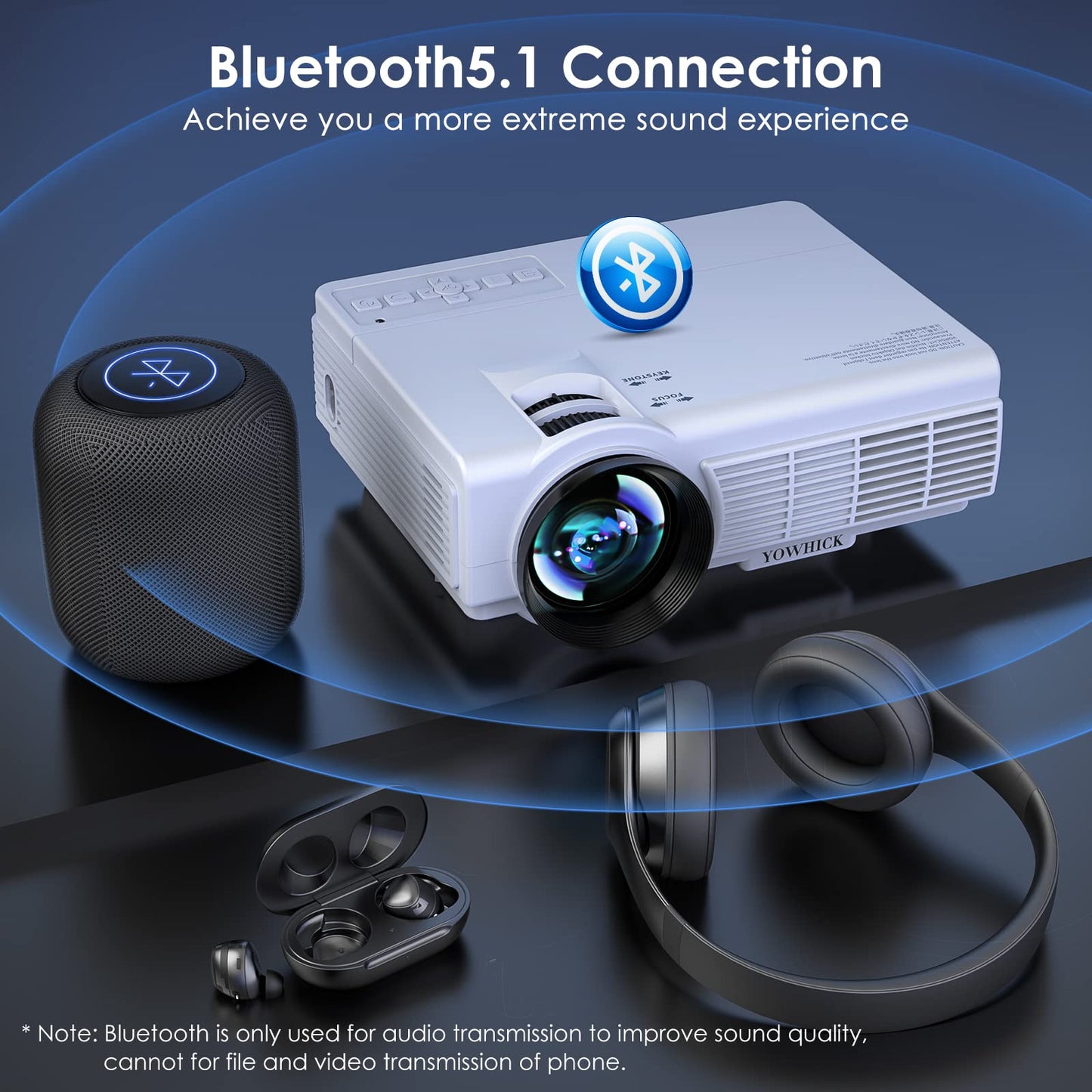 Projector with WiFi and Bluetooth, 5G WiFi Native 1080P YOWHICK Outdoor Projector 4K Support, Mini Portable Movie Projector with Screen, for HDMI, VGA, USB, Laptop, iOS & Android Phone