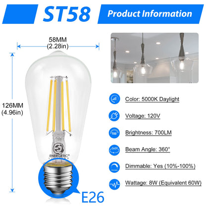 Energetic Dimmable LED Filament Light Bulbs, High Brightness, 8W, 60 Watt Equivalent, ST58 ST18, Daylight 5000K, Classic Clear Glass, 6 Pack