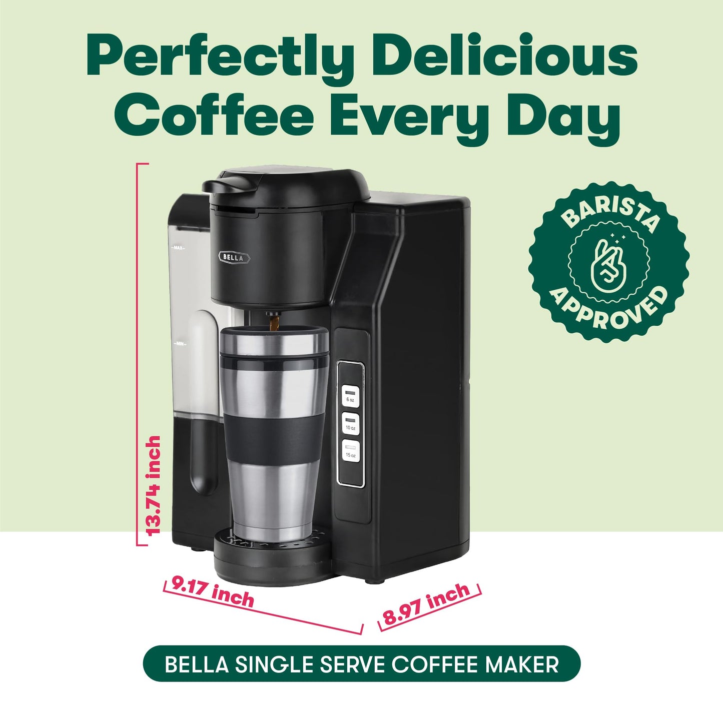 Bella Single Serve Coffee Maker, Dual Brew, K-cup Compatible - Ground Coffee Brewer with Removable Water Tank & Adjustable Drip Tray, Perfect for Travel Mug, 1200 watts, Black