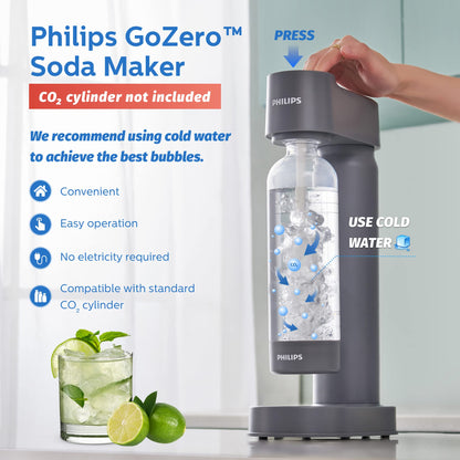 Philips Sparkling Water Maker Soda Maker Machine for Home Carbonating with BPA free PET 1L Carbonating Bottle, Compatible with Any Screw-in 60L CO2 Exchange Carbonator(NOT Included), Grey Plastic