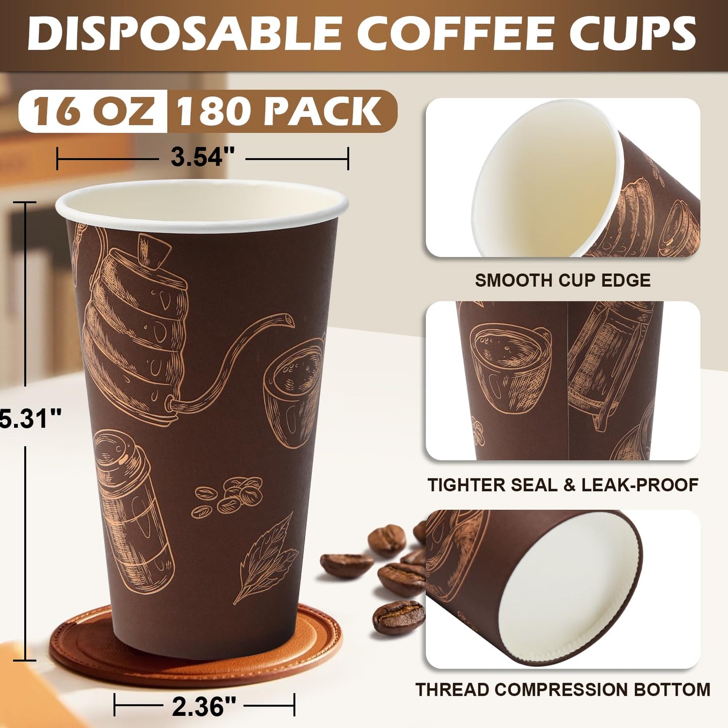 180 Pack 16 oz Disposable Paper Coffee Cups