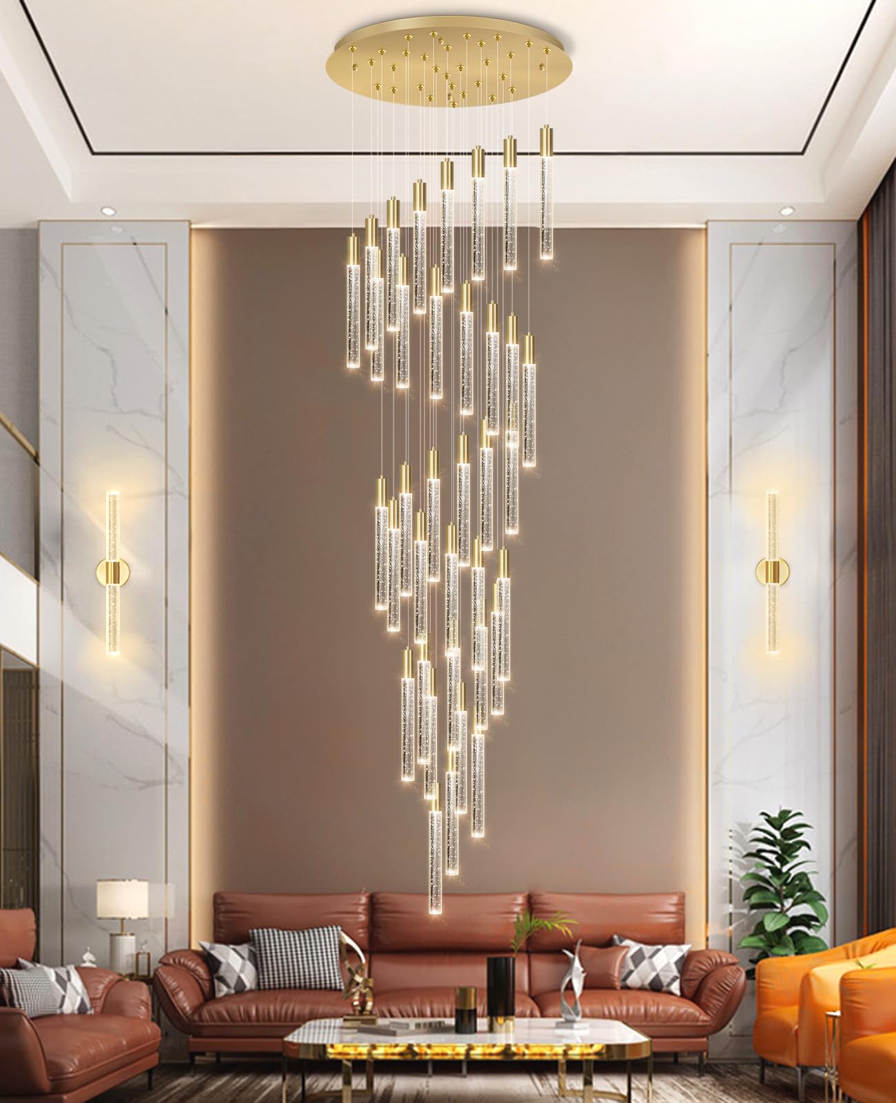 16.3 Foot Chandeliers for Living Room LED Lights Simple Modern Crystal Light Extra Large Chandelier Light Fixture Entryway Foyer High Ceiling Chandelier Lighting with LED Light Bulbs Sloping Ceiling