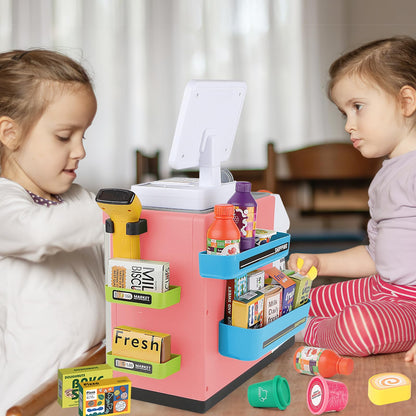 deAO Toy Cash Register for Kids Pretend Play Store Calculator Money 3 in 1 Coffee Machine Set Toys with Water Outlet Function Play Food Gifts Learning Toys for Kids Boys Girls (Pink)