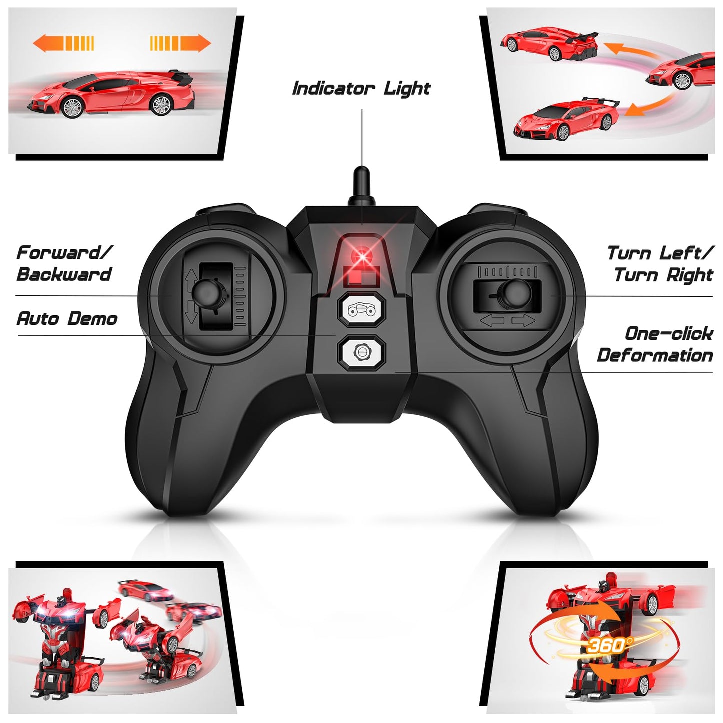 Qumcou Remote Control Car, Transform Robot RC Cars with Cool Headlights, 2.4Ghz kids Toys Car with 360 Degree Rotation and One-Button Deformation, Christmas Birthday Gifts for Boys Girls, Red
