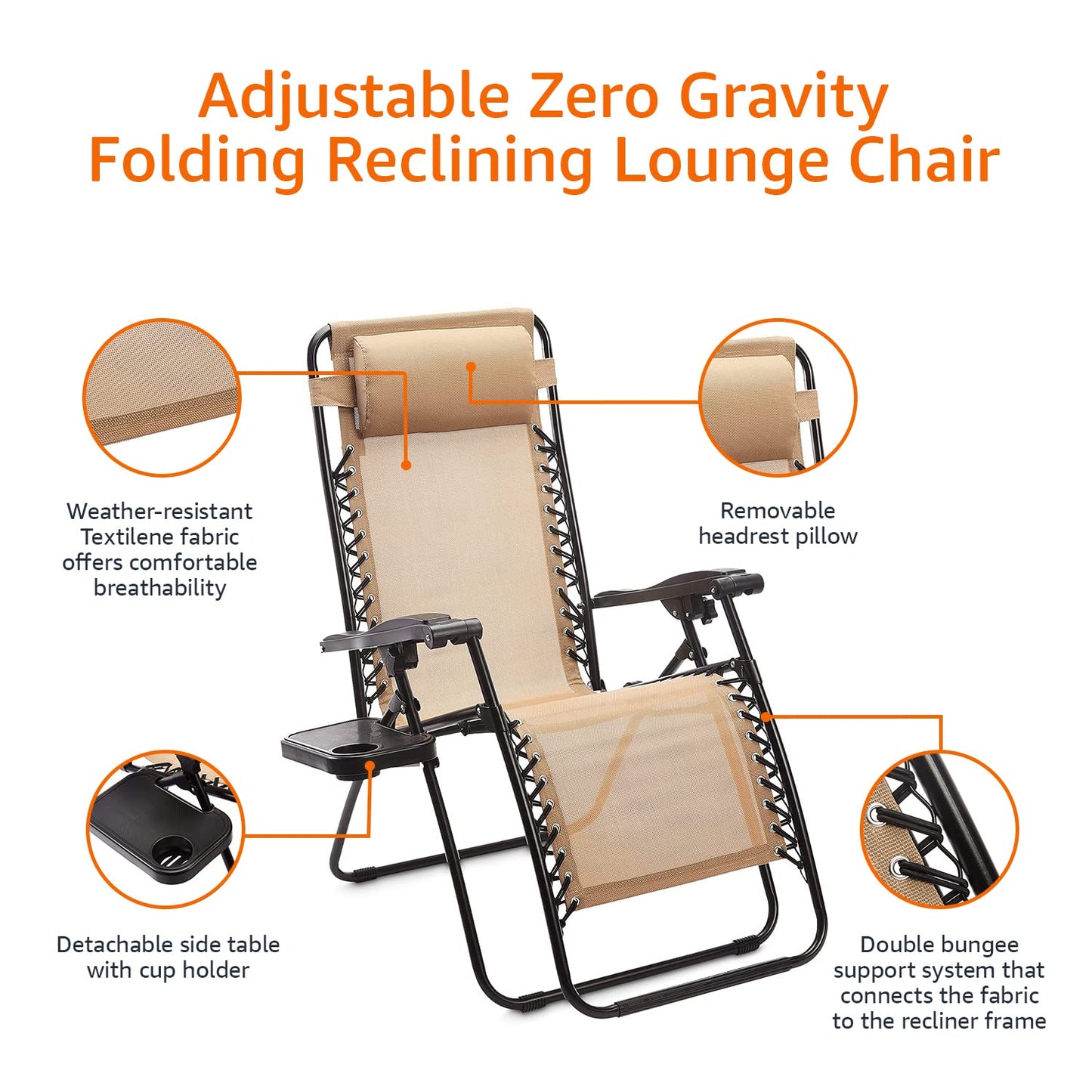 Amazon Basics Outdoor Mesh Adjustable Zero Gravity Lounge Chair Recliners with Side Table, 35 x 26 x 43 inches, Beige