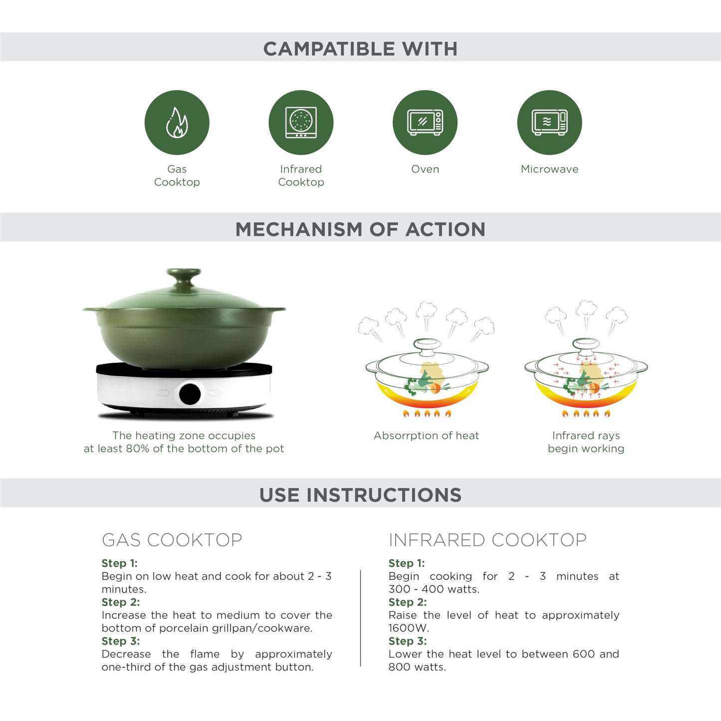 Minh Long 1qt Porcelain Cooking Pots, Clay Pot for Cooking, Dutch Oven, Casserole Dish with Lid, Use for slow cook, stew, braise, boil,..Compatible with gas & infrared cooktop (Luna - Green, 1.06qt)