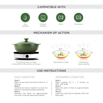 Minh Long 1qt Porcelain Cooking Pots, Clay Pot for Cooking, Dutch Oven, Casserole Dish with Lid, Use for slow cook, stew, braise, boil,..Compatible with gas & infrared cooktop (Luna - Green, 1.06qt)