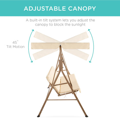 Best Choice Products 2-Person Outdoor Patio Swing Chair, Hanging Glider Porch Bench for Garden, Poolside, Backyard w/Convertible Canopy, Adjustable Shade, Removable Cushions - Beige