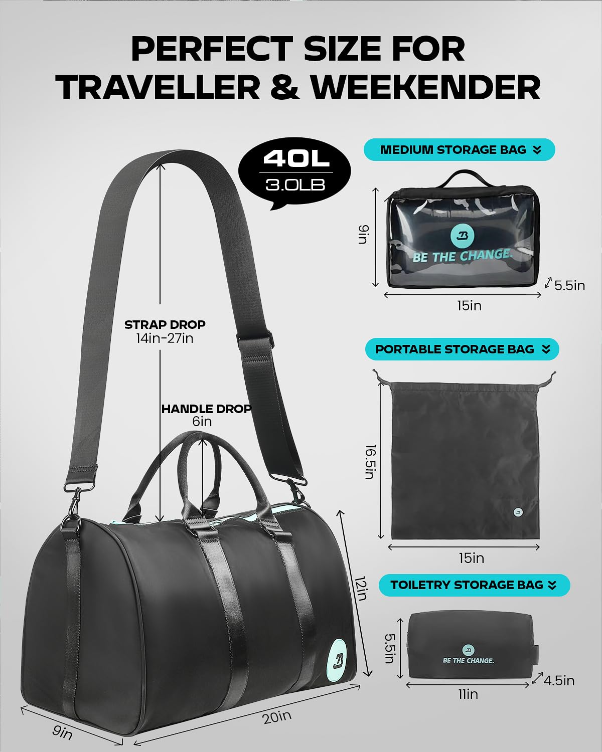 Waterproof Gym Duffel Bag with Accessory Bags