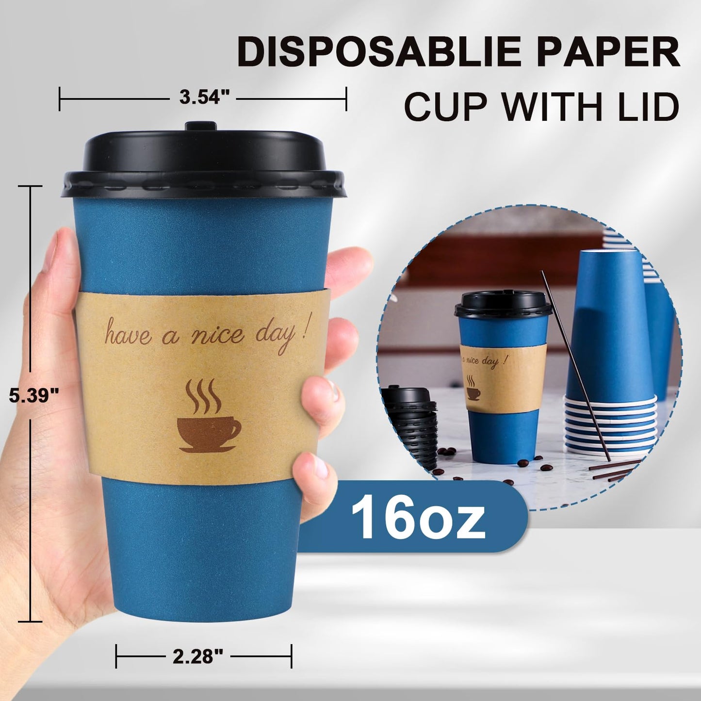 Clawsoff 100 Pack 16 oz Coffee Cups with Lids, Disposable To Go Paper Coffee Cups with Sleeves and Stirring Sticks for Hot/Cold Drinks Office Home Shop Event (Navy)