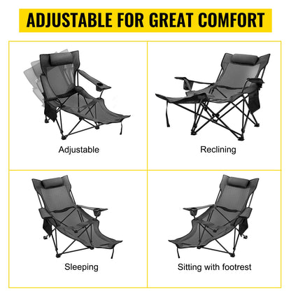 Happybuy Folding Camp Chair with Footrest Mesh, Portable Lounge Chair with Cup Holder and Storage Bag, for Camping Fishing and Other Outdoor Activities (Grey)