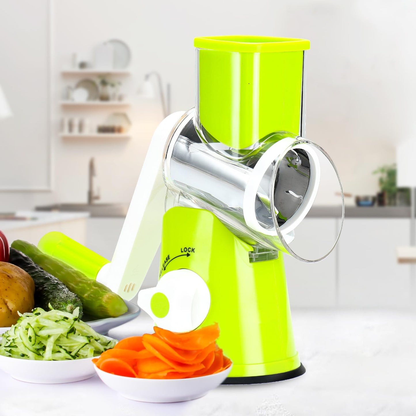 Cambom Rotary Cheese Grater Hand Crank Cheese Shredder for Fresh Cheese, Vegetable, Nuts,Non-slip Suction Base, Free Cleaning Brush Three Blades, Green