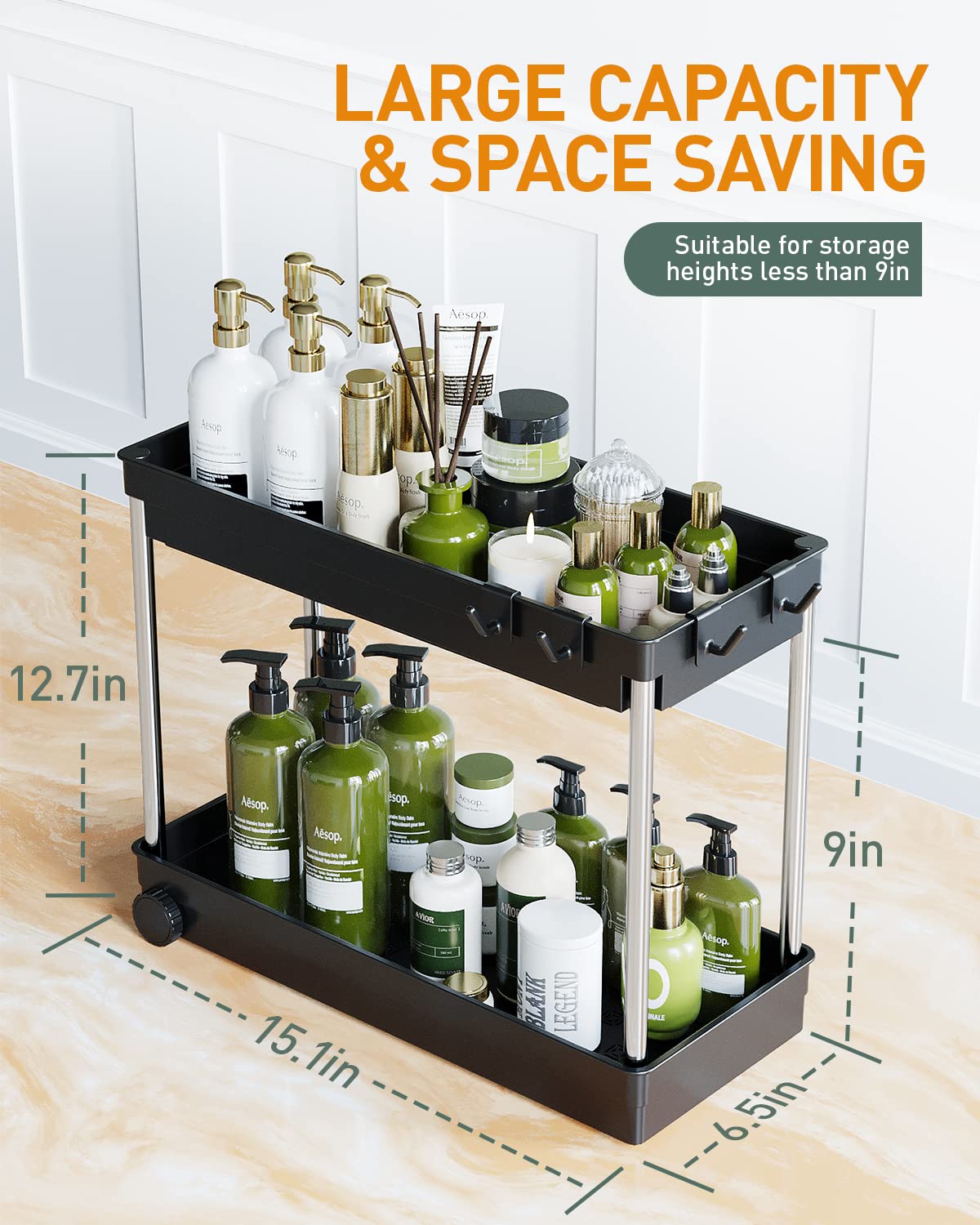 Under Sink Organizer, 2 Tier Under Bathroom Cabinet Storage, Pull Out Under Sink Storage Rack, Under Cabinet Organizer and Storage with Hooks, Multi-purpose Shelf Organizer for Bathroom/Kitchen