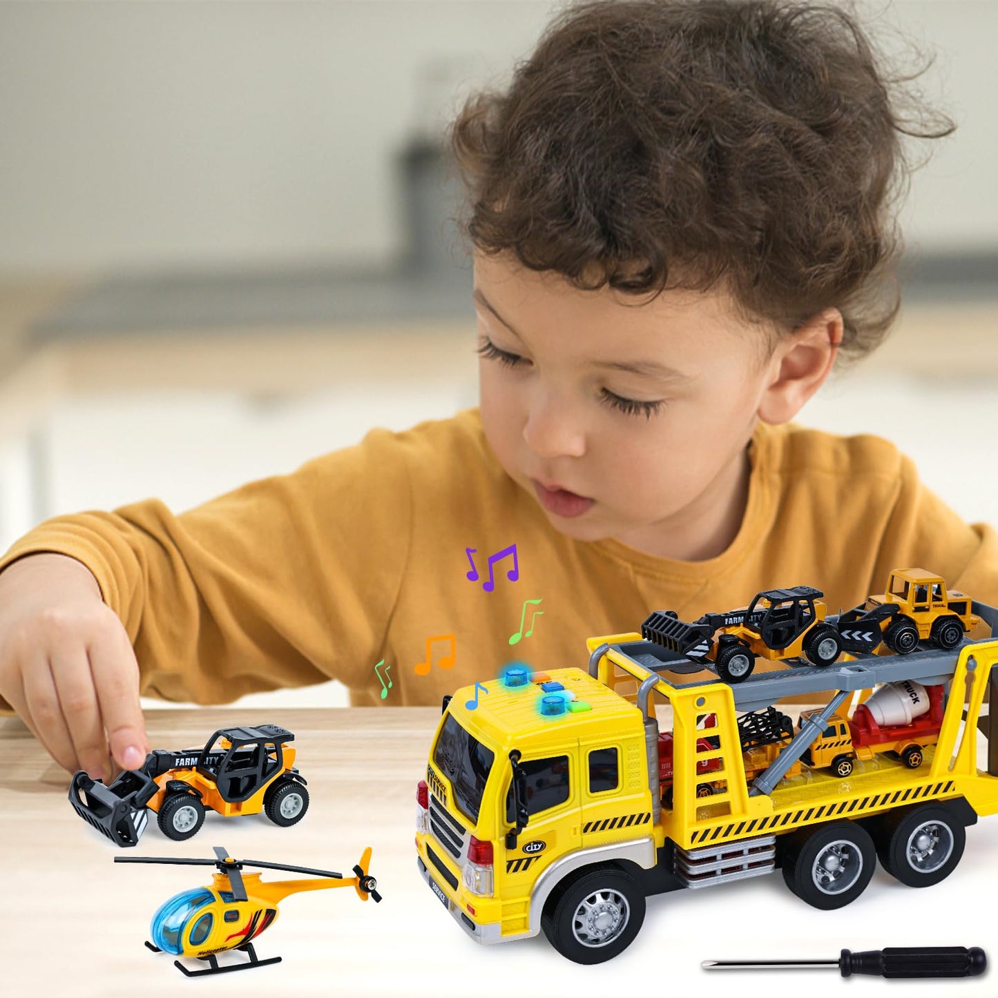 LovesTown 5PCS Construction Truck Toy Set, Large Truck with Lights and Sounds and Small Die-cast Engineering Trucks Helicopter Set for Kids Birthday Present