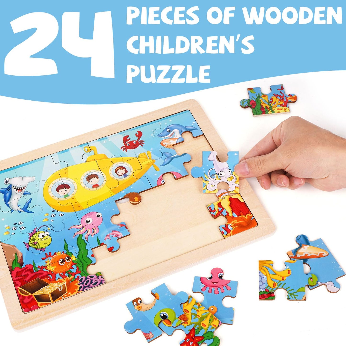 AXEARTE Wooden Puzzles for Kids Ages 3-5, 4 Packs 24 PCs Jigsaw Puzzles Montessori Toys, Dinosaur, Zoo, Sea Animals Wood Brain Teasers Boards Educational Toys for Boys and Girls