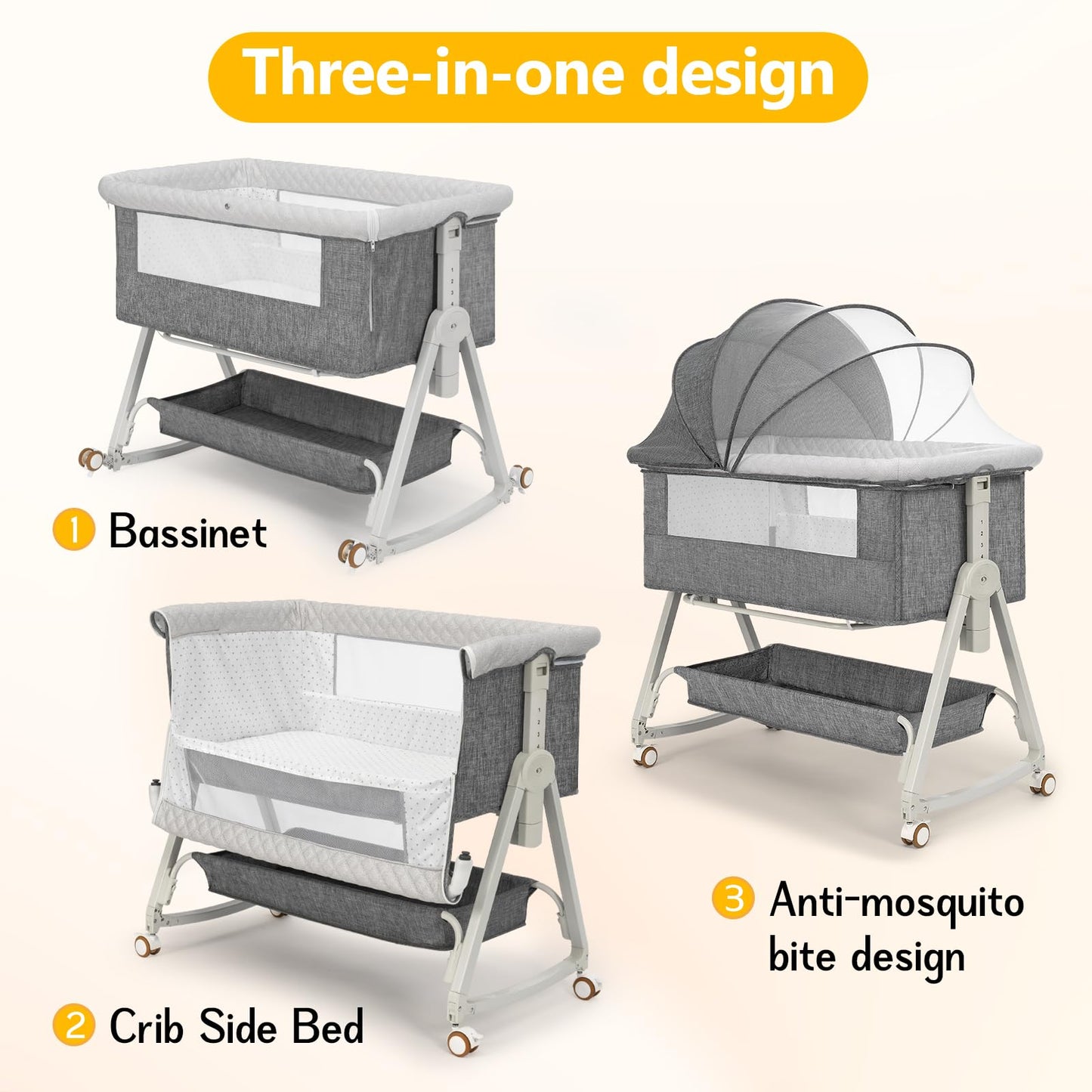 3-in-1 Adjustable Baby Bassinet with Storage