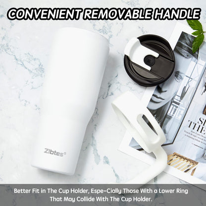 Zibtes 40oz Insulated Tumbler with handle and Lid Straws, Stainless Steel Travel Coffee Cup Holder Friendly, Metal Water Bottle Keeps Drinks Cold up to 34 Hours(White 1 pack)
