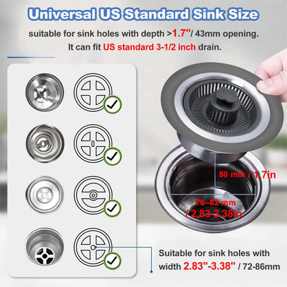 YRAKOZIN 3 in 1 Kitchen Sink Drain Strainer & Stopper Set, 304 Stainless Steel Pop-Up Sink Stopper with Anti-Clog Filter Basket for US Standard 3-1/2 Inch Drain