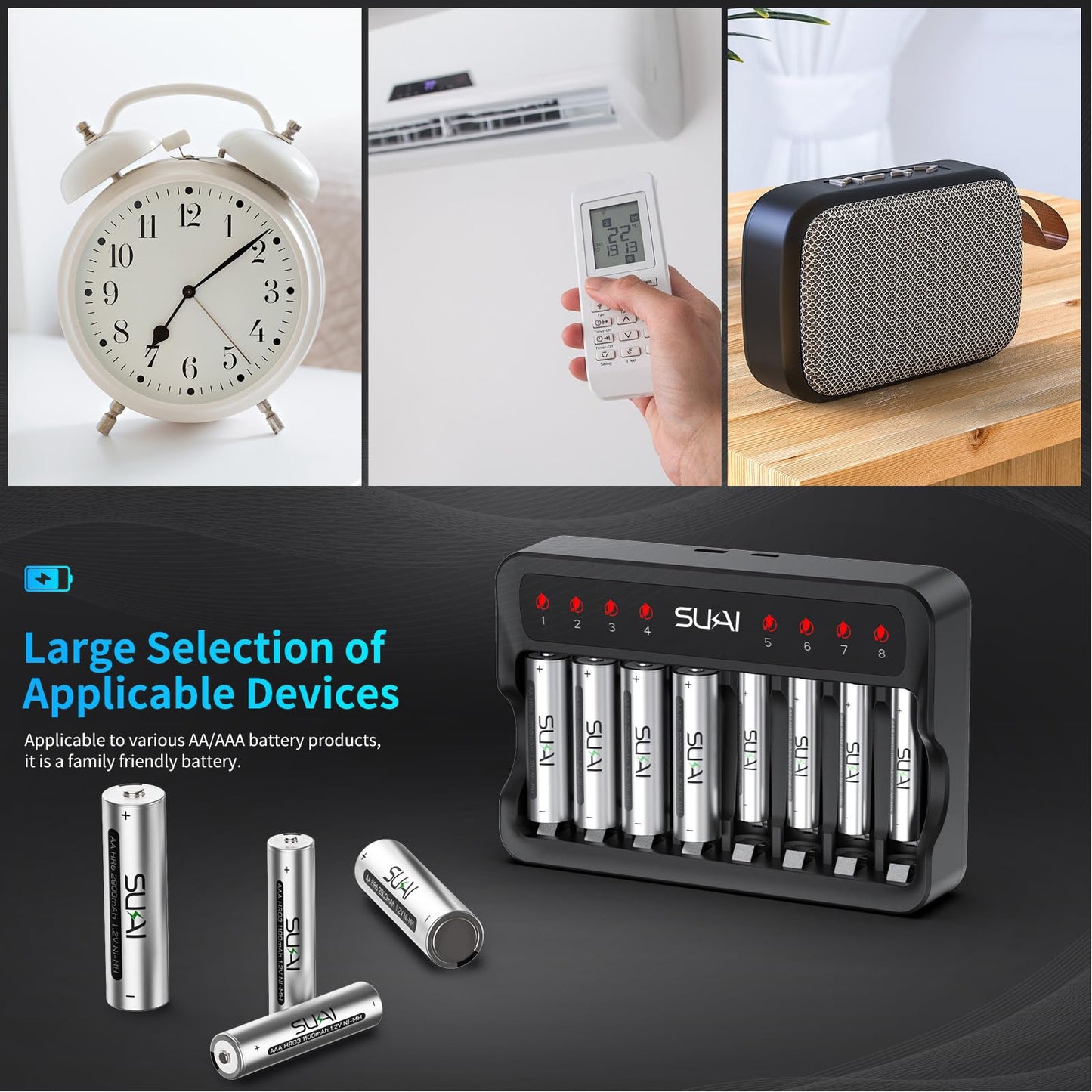 SUKAI Rechargeable AAA Batteries with Smart Charger