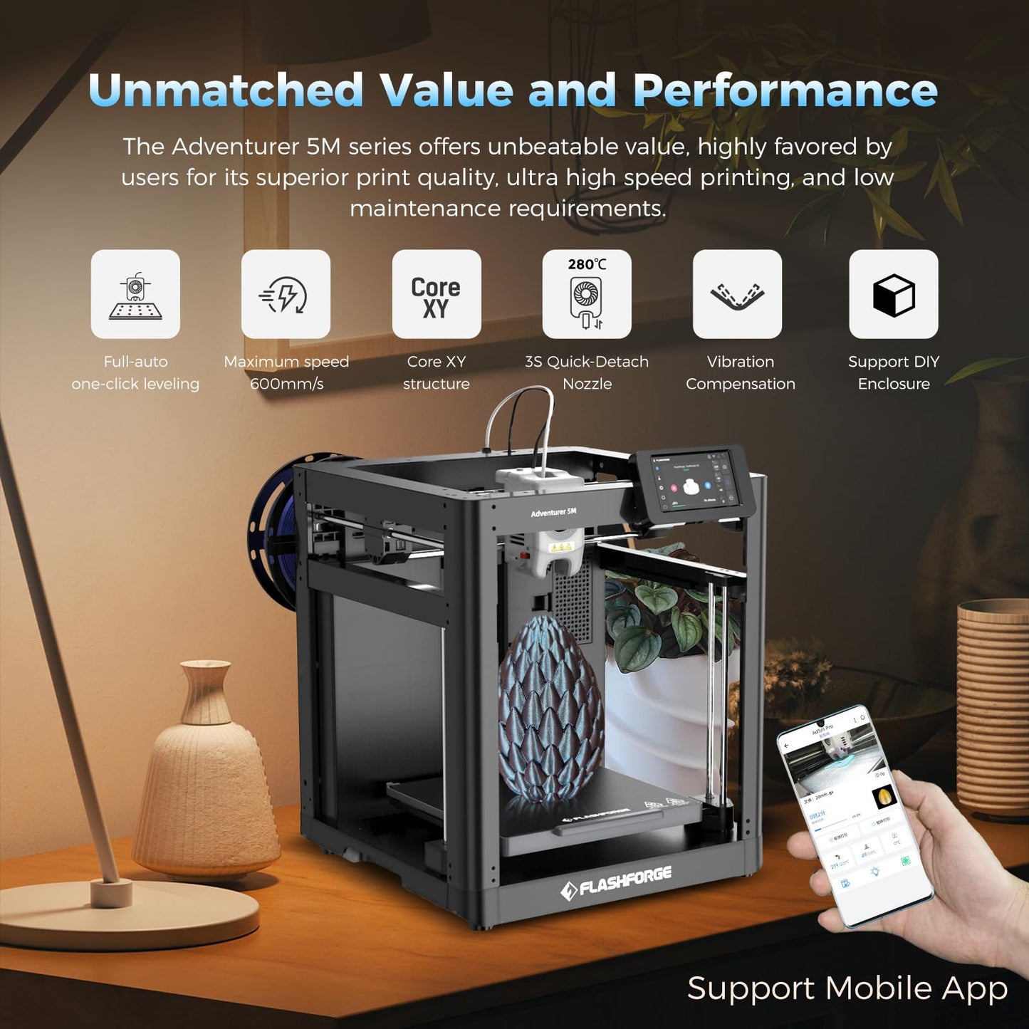 FLASHFORGE Adventurer 5M 3D Printer with Fully Auto Leveling, Max 600mm/s High Speed Printing, 280°C Direct Extruder with 3S Detachable Nozzle, Core XY All Metal Structure, Print Size 220x220x220mm